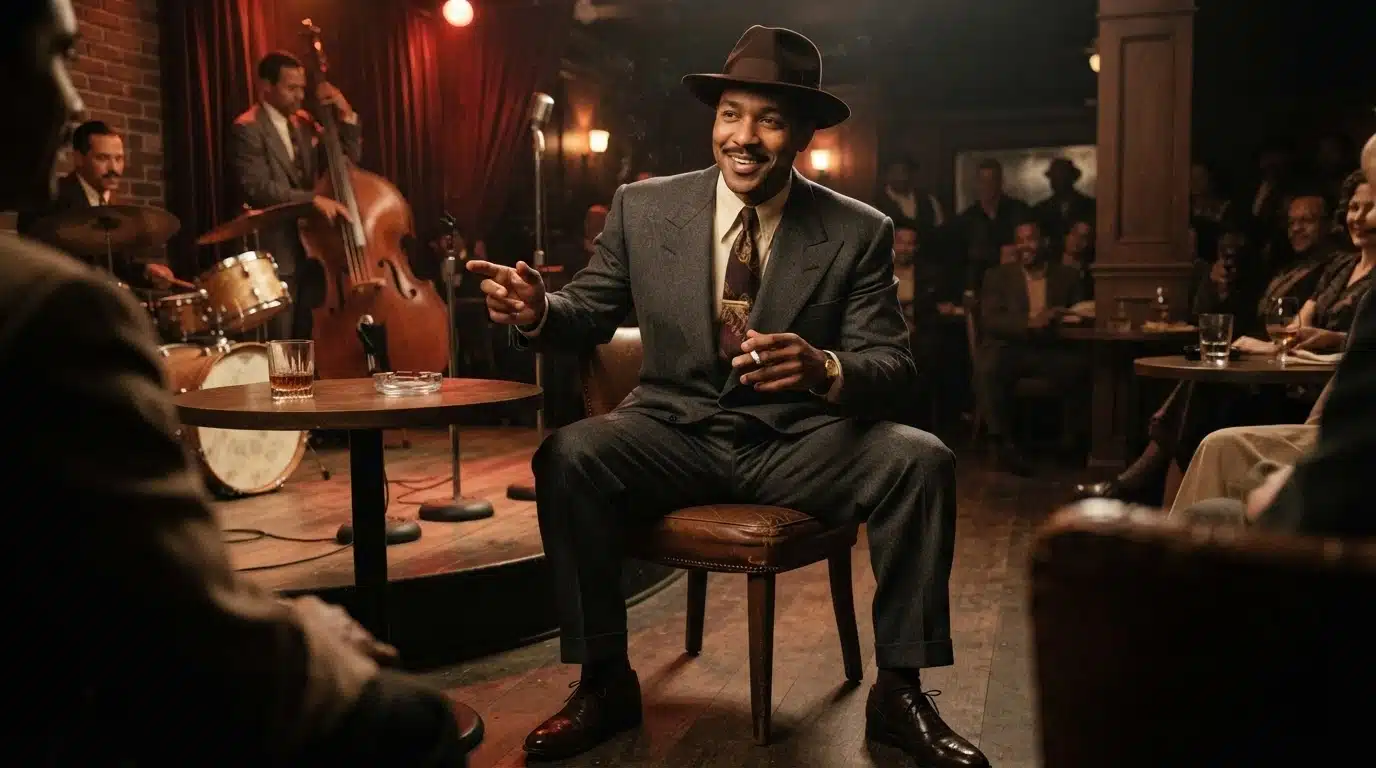 man in jazz musician suit with wide lapels, fedora, contrast tie, and polished dress shoes
