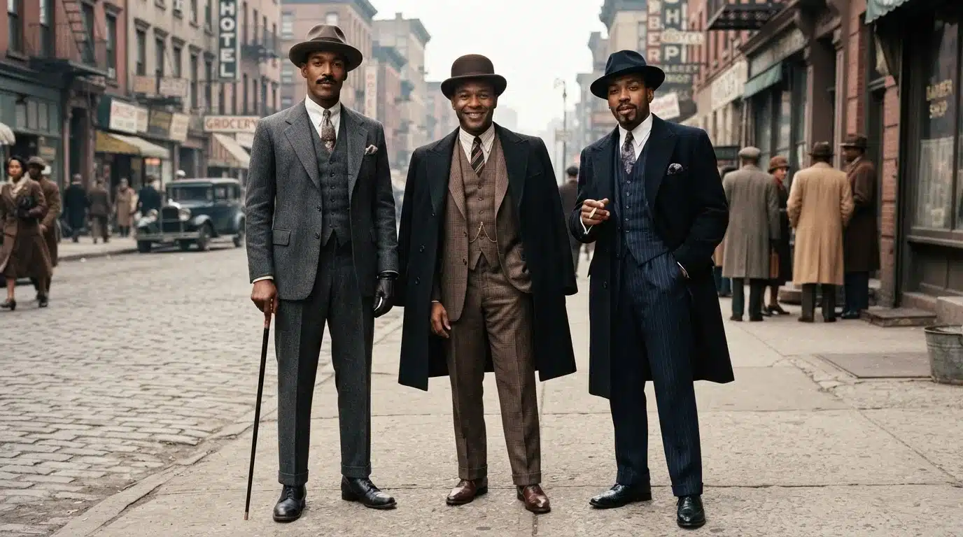 harlem men wearing three-piece suits, fedoras, ties, overcoats, and polished dress shoes