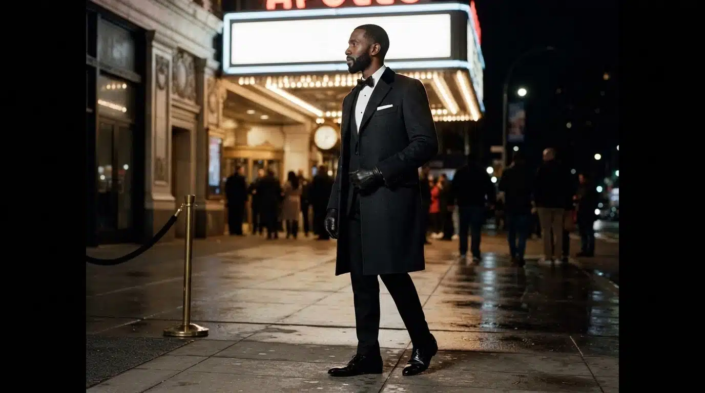 man in dark harlem evening suit with bow tie, pocket square, overcoat, and leather shoes