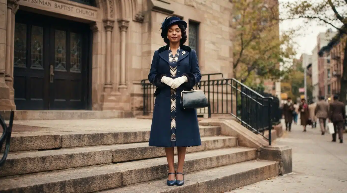 woman in formal harlem dress with structured coat, gloves, handbag, hat, and pumps outside