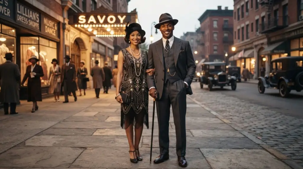 harlem renaissance couple in period dress and suit standing together in a retro-inspired setting