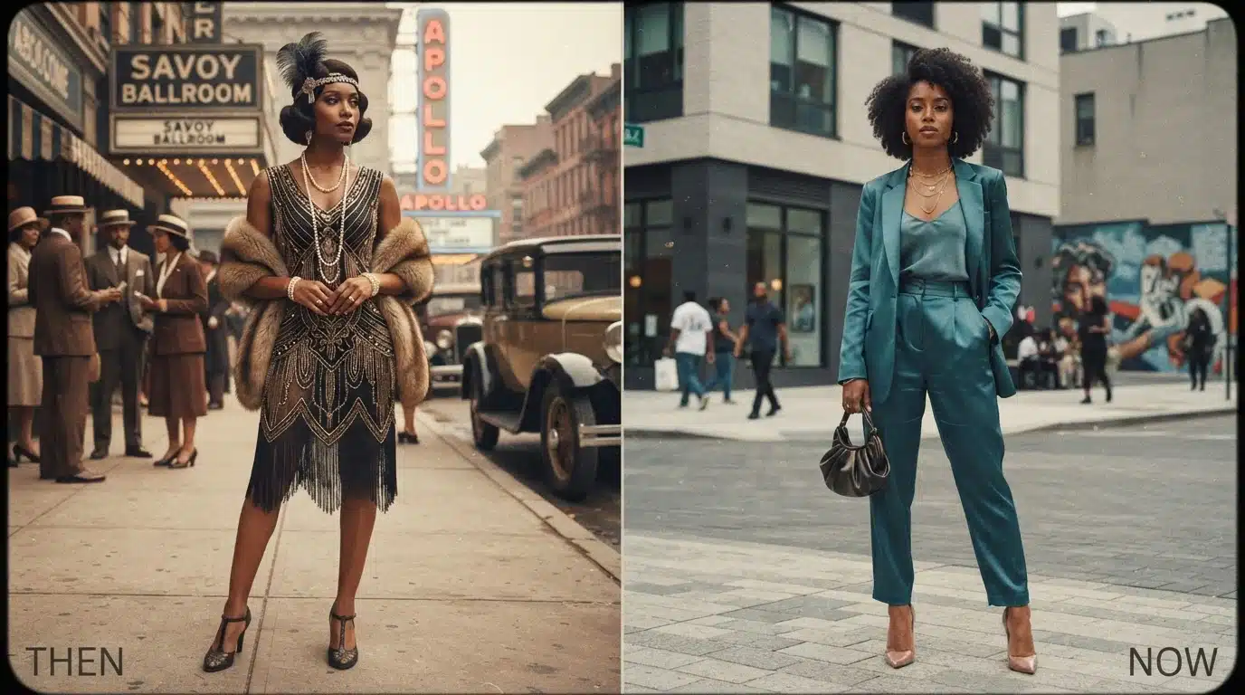 split image comparing 1920s harlem fashion with a modern art deco-inspired formal look