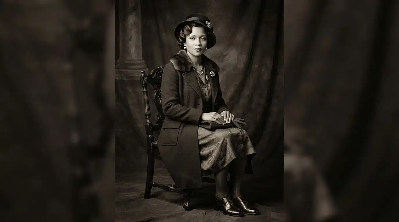 harlem portrait subject in period clothing, hat, jewelry, polished shoes, and formal studio pose