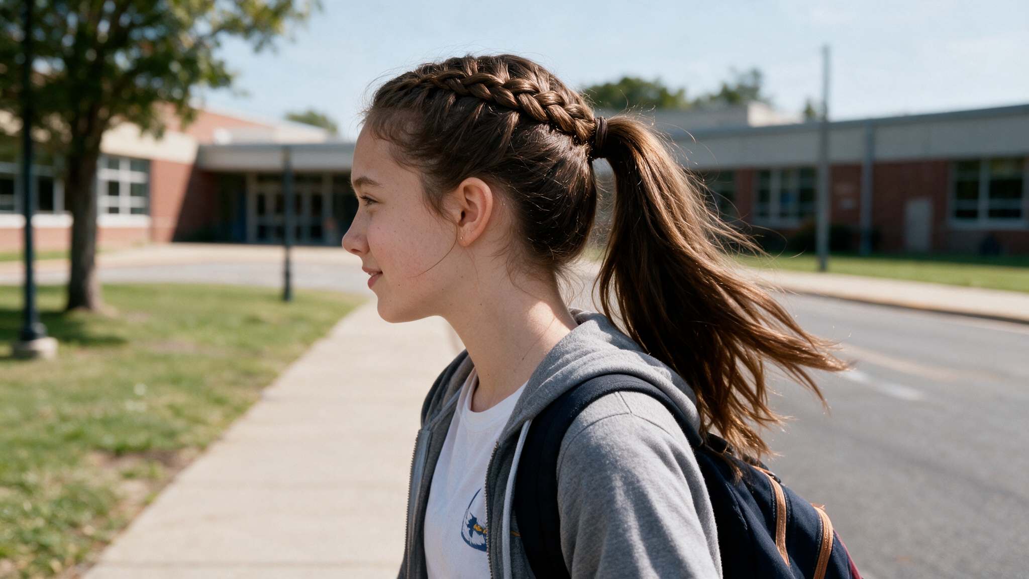 teen girl with high ponytail showing natural movement and realistic loose strands