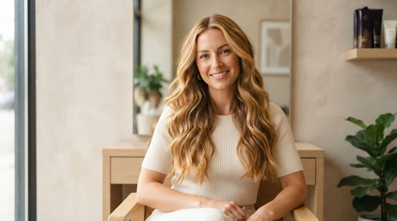 american woman with honey blonde waves showing warm autumn hair color in salon