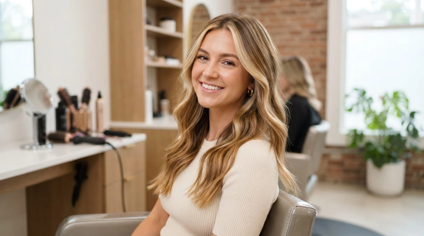 american woman with honey caramel balayage and soft highlighted waves