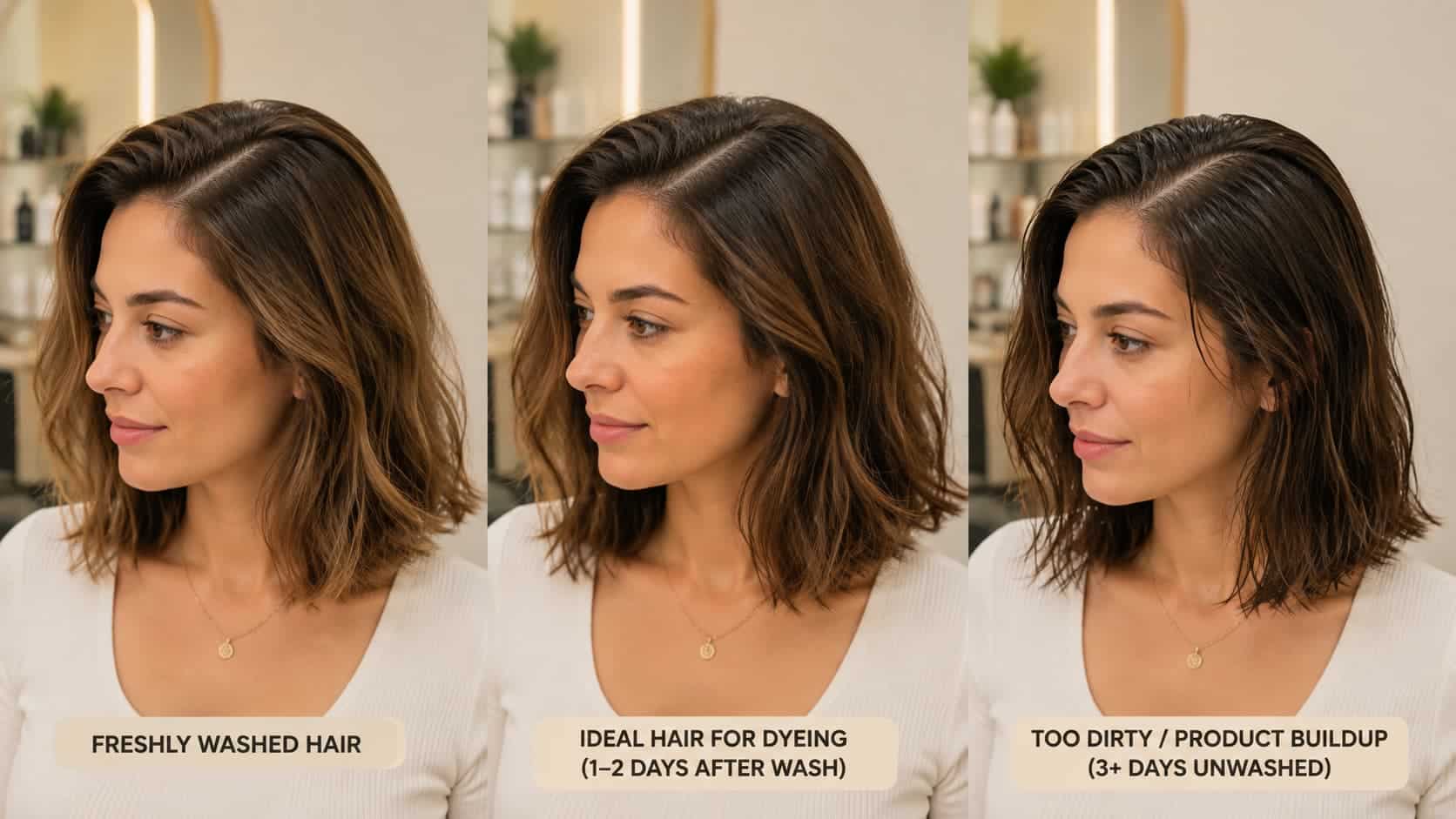three side-by-side views of the same woman’s hair showing freshly washed hair, ideal dye-ready hair, and hair with visible product buildup