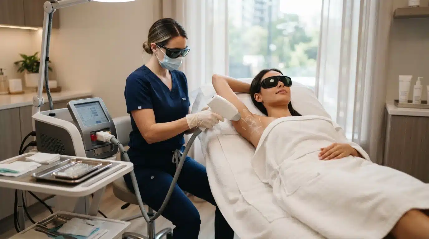 Provider using laser device on patient's underarm during full body laser hair removal session in a clinic
