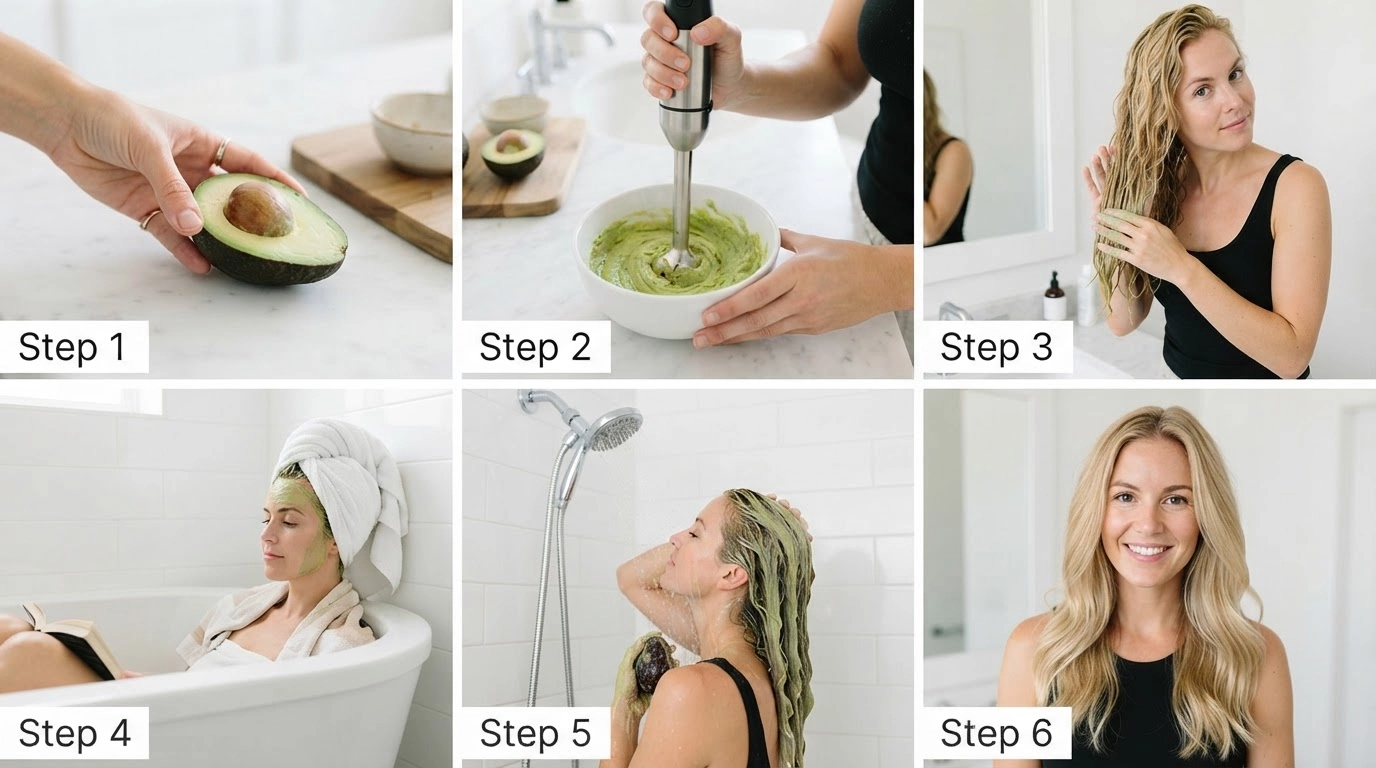 avocado hair mask process showing preparation, blending, application, resting, rinsing, and finished soft blonde hair in bathroom setting clearly