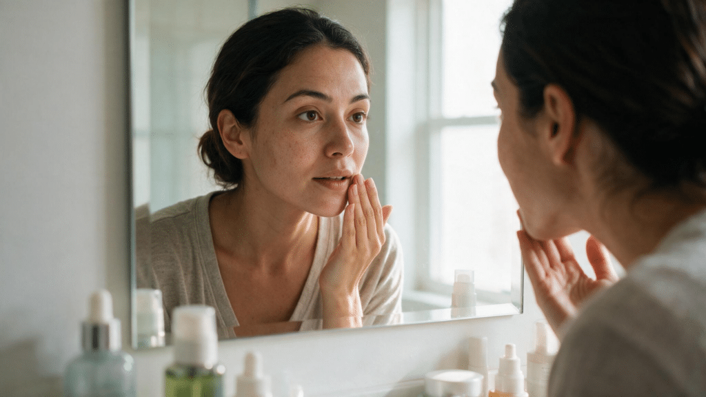 woman examining uneven skin tone in mirror showing natural dark spots pigmentation and realistic facial skin texture
