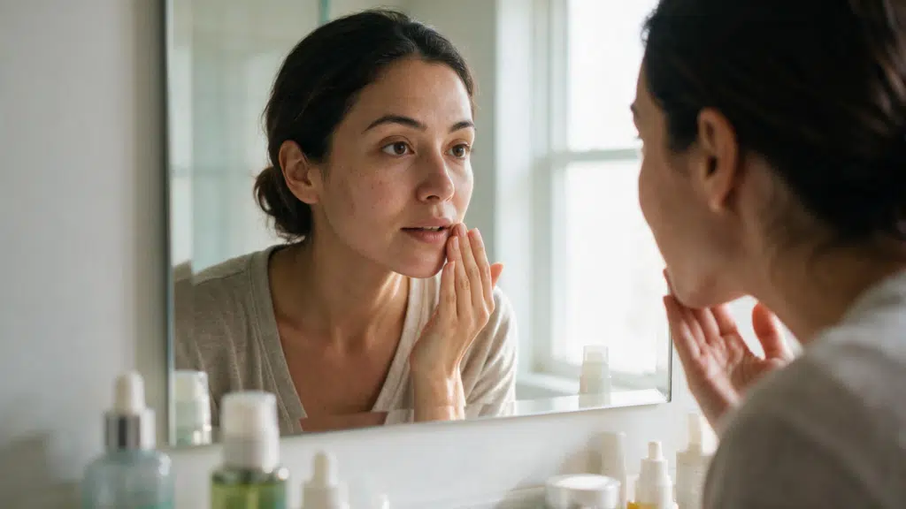 woman examining uneven skin tone in mirror showing natural dark spots pigmentation and realistic facial skin texture