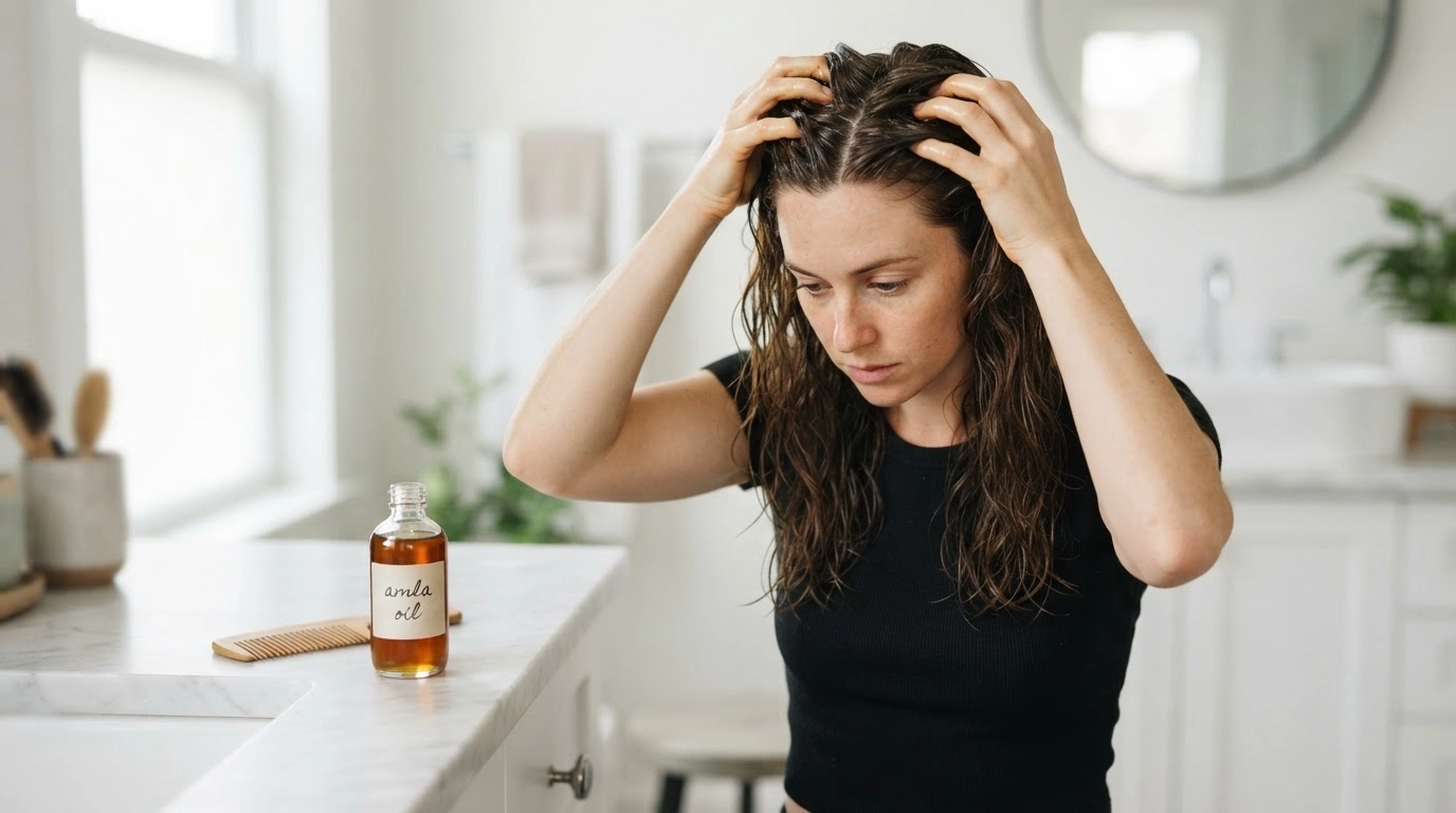 american woman applying amla oil to hair with amla oil bottle and fruits on bathroom counter