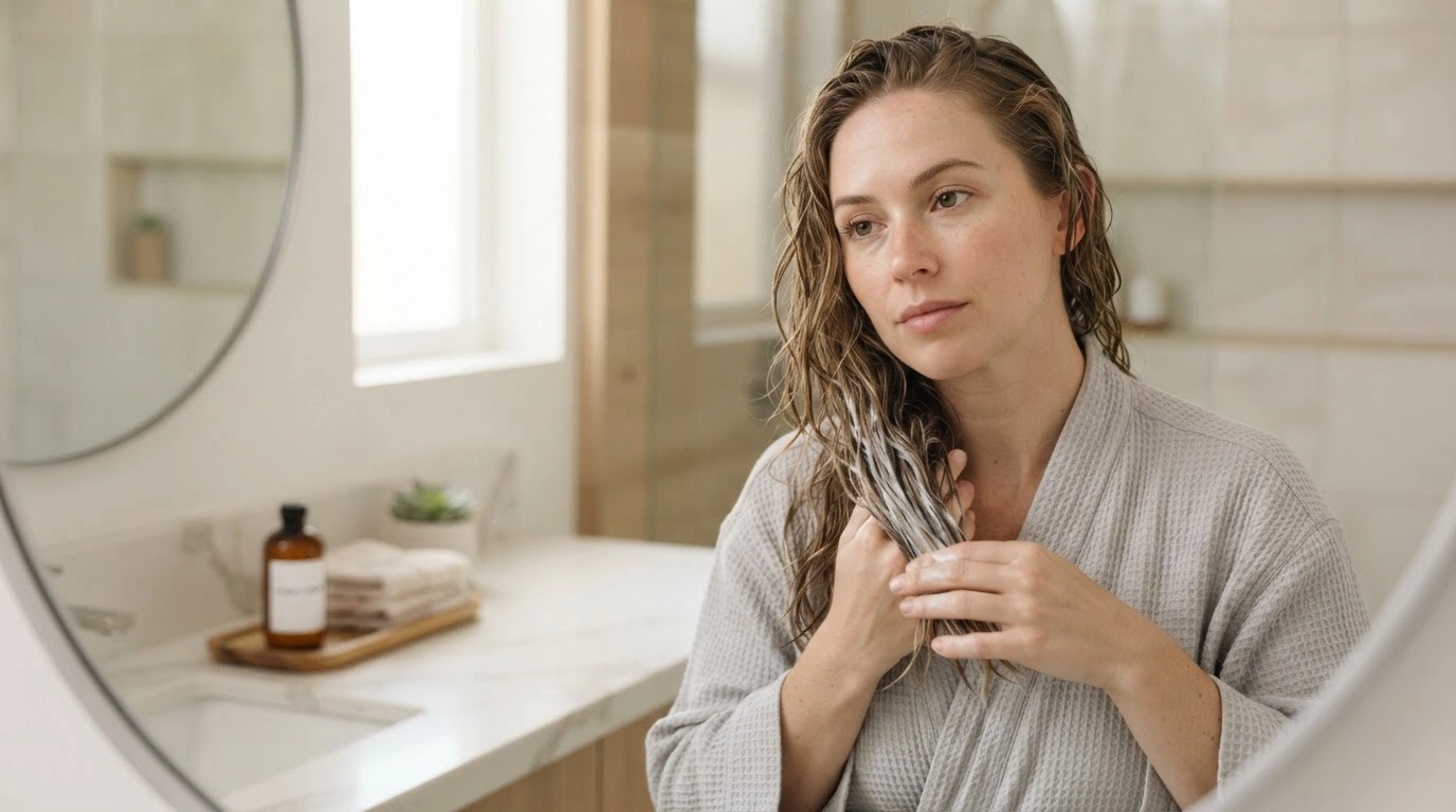 woman applying conditioner to damp hair in a bright bathroom showing correct hair care routine for less frizz