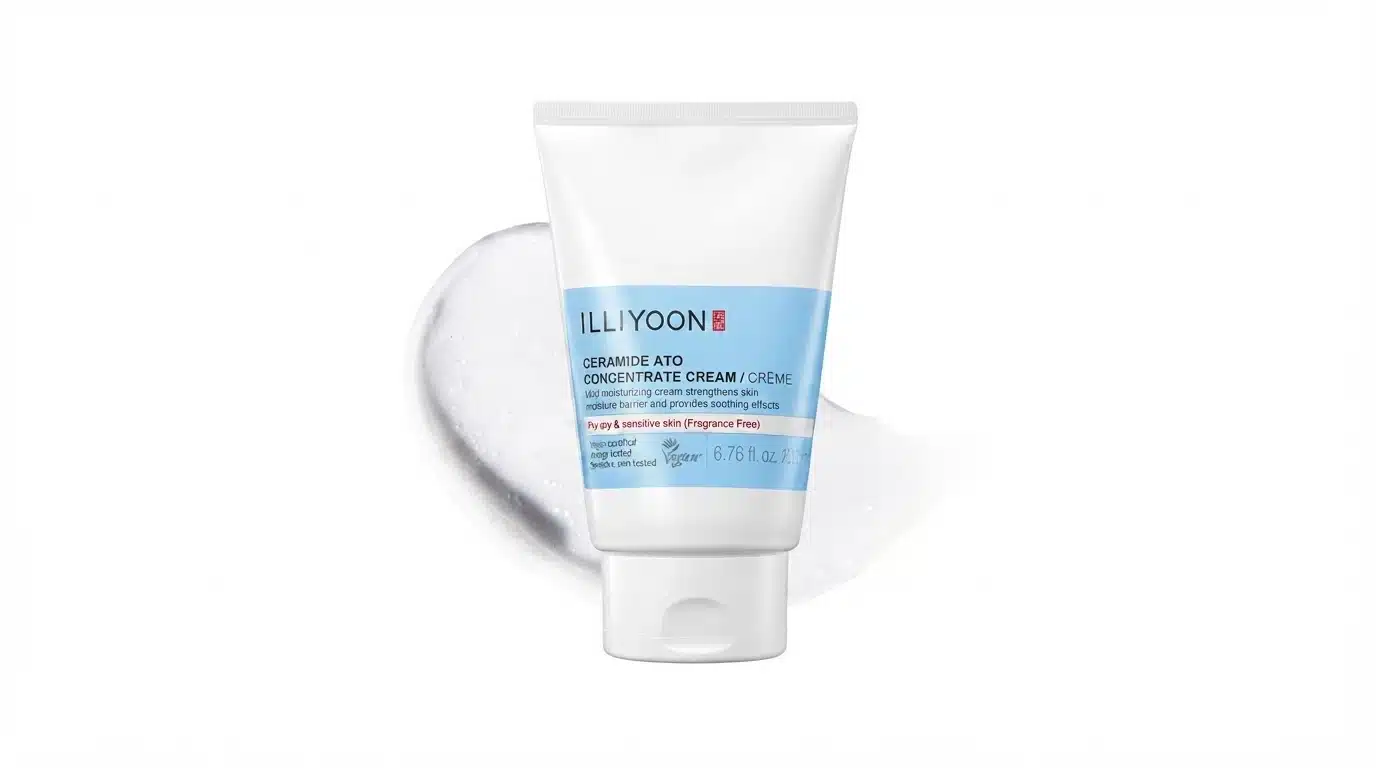 illiyoon ceramide ato concentrate cream tube displayed with a white cream smear behind it