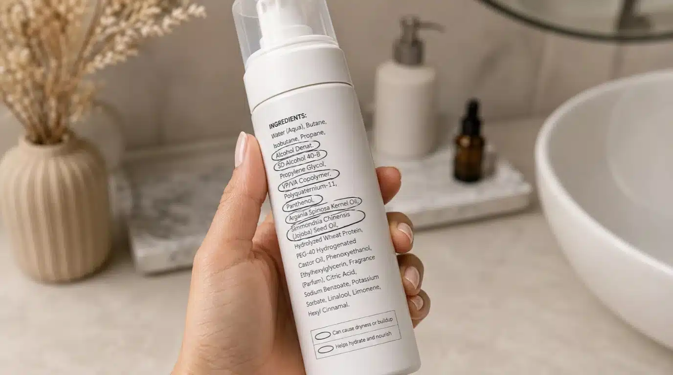 hair mousse bottle showing ingredient labels with highlighted components on a bathroom counter for product selection tips