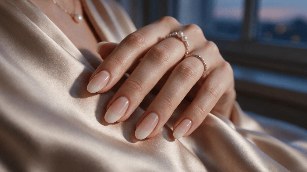 soft pink almond nails fading seamlessly into milky white tips with a glossy finish on satin fabric