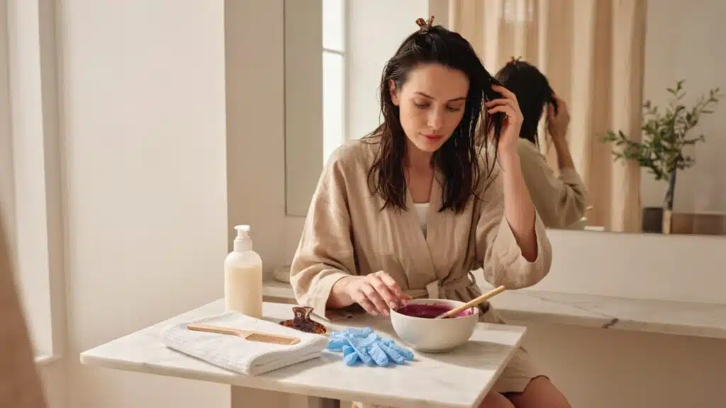 woman preparing hair dye with coloring tools on a bathroom vanity before hair coloring