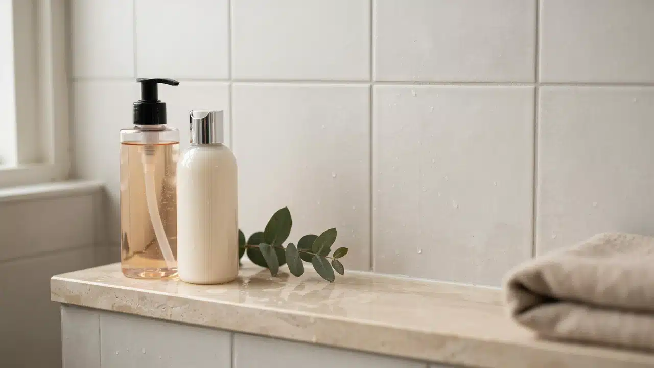 aesthetic comparison of shower gel and body wash bottles showing different formulas and textures