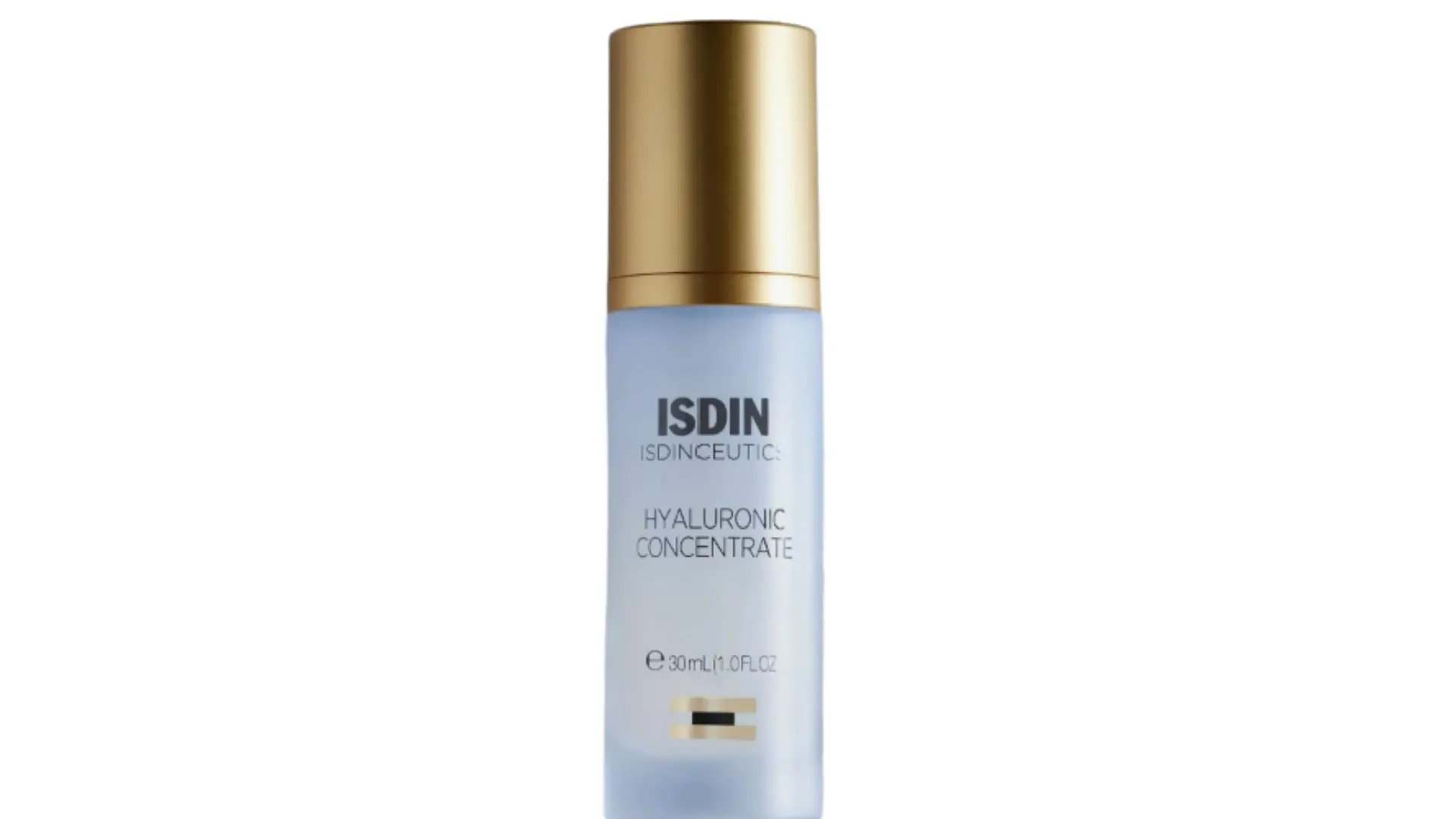 isdin isdinceutics hyaluronic concentrate serum in a pale blue bottle with a gold cap, 30 ml, on a white background
