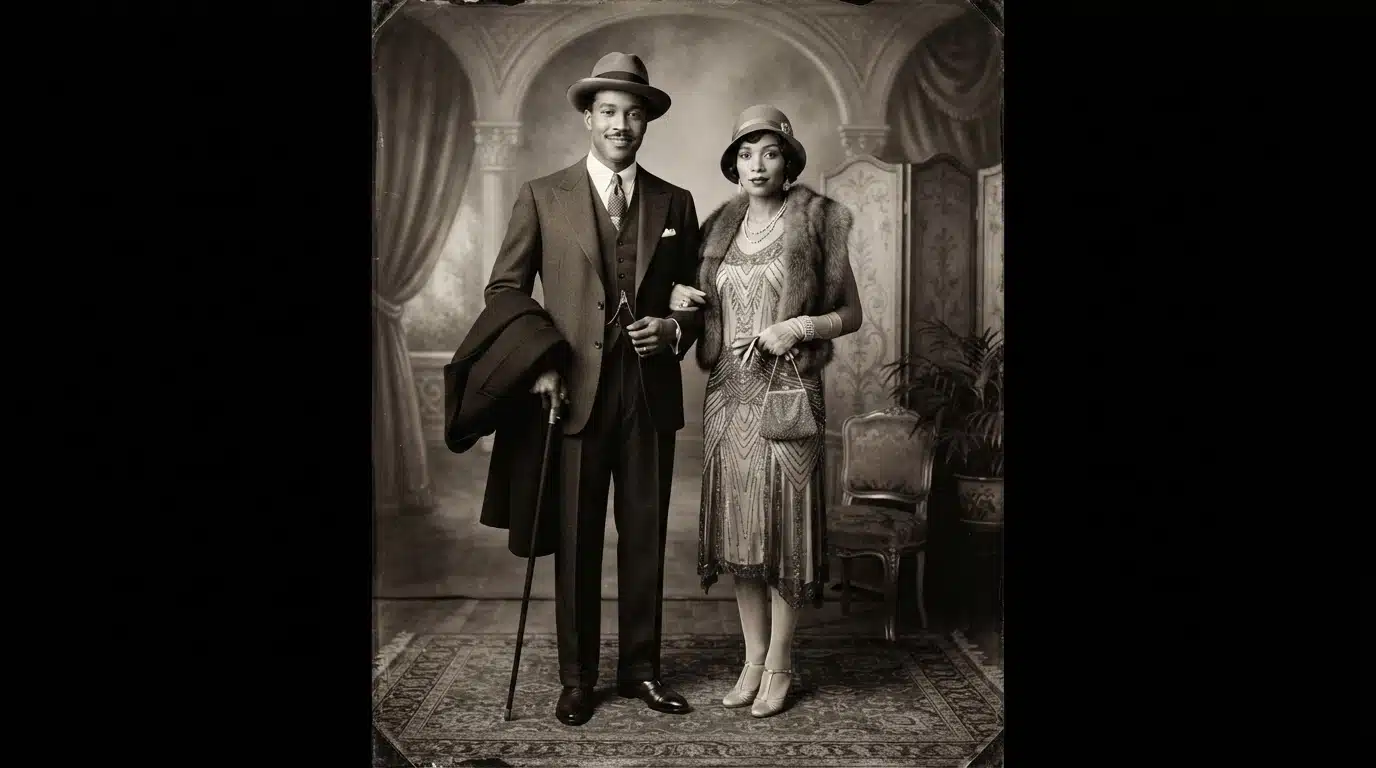 harlem couple in formal 1920s clothing posed in a studio with hats, jewelry, and dress shoes