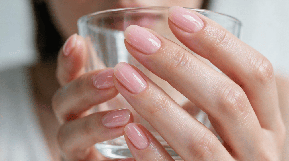 translucent glossy jelly pink almond nails wrapped around a clear glass in bright natural light