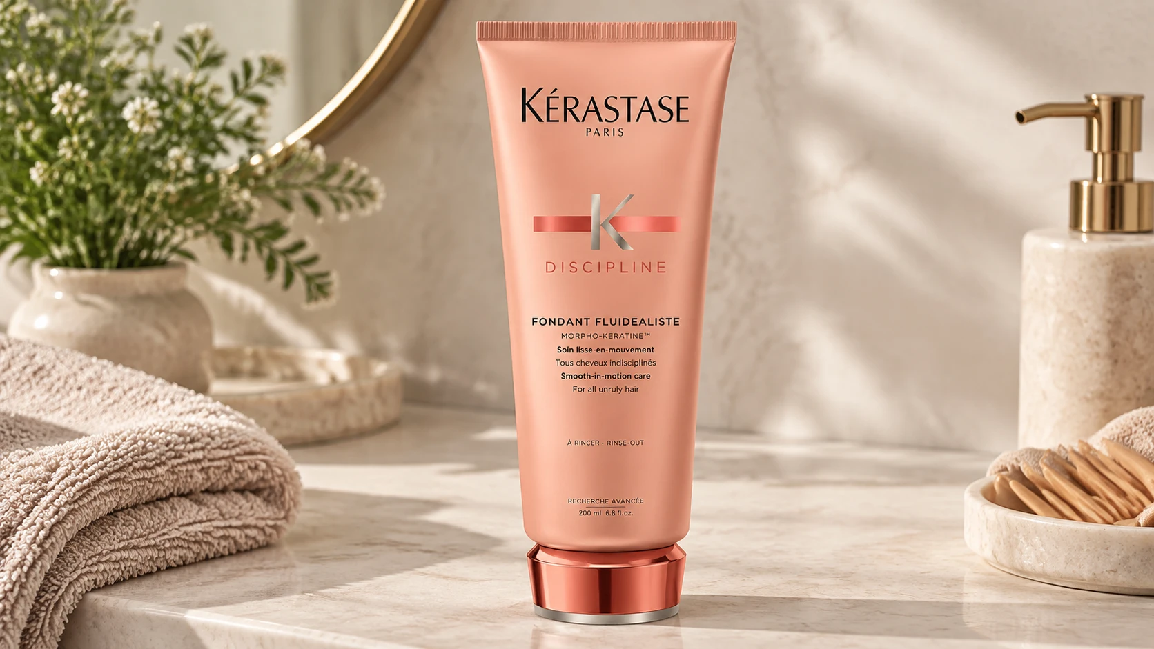 kerastase discipline smoothing conditioner tube in a matte luxury bathroom product photoshoot setting