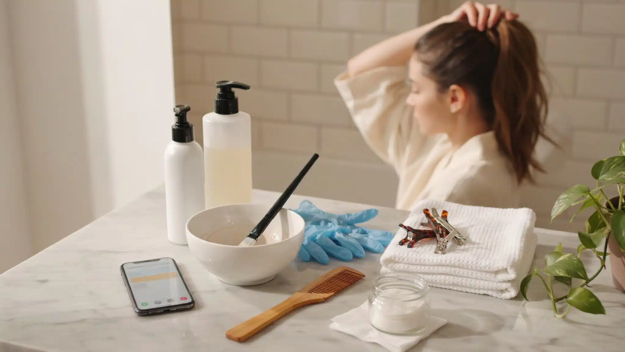 hair dye preparation tools arranged on a bathroom counter before coloring