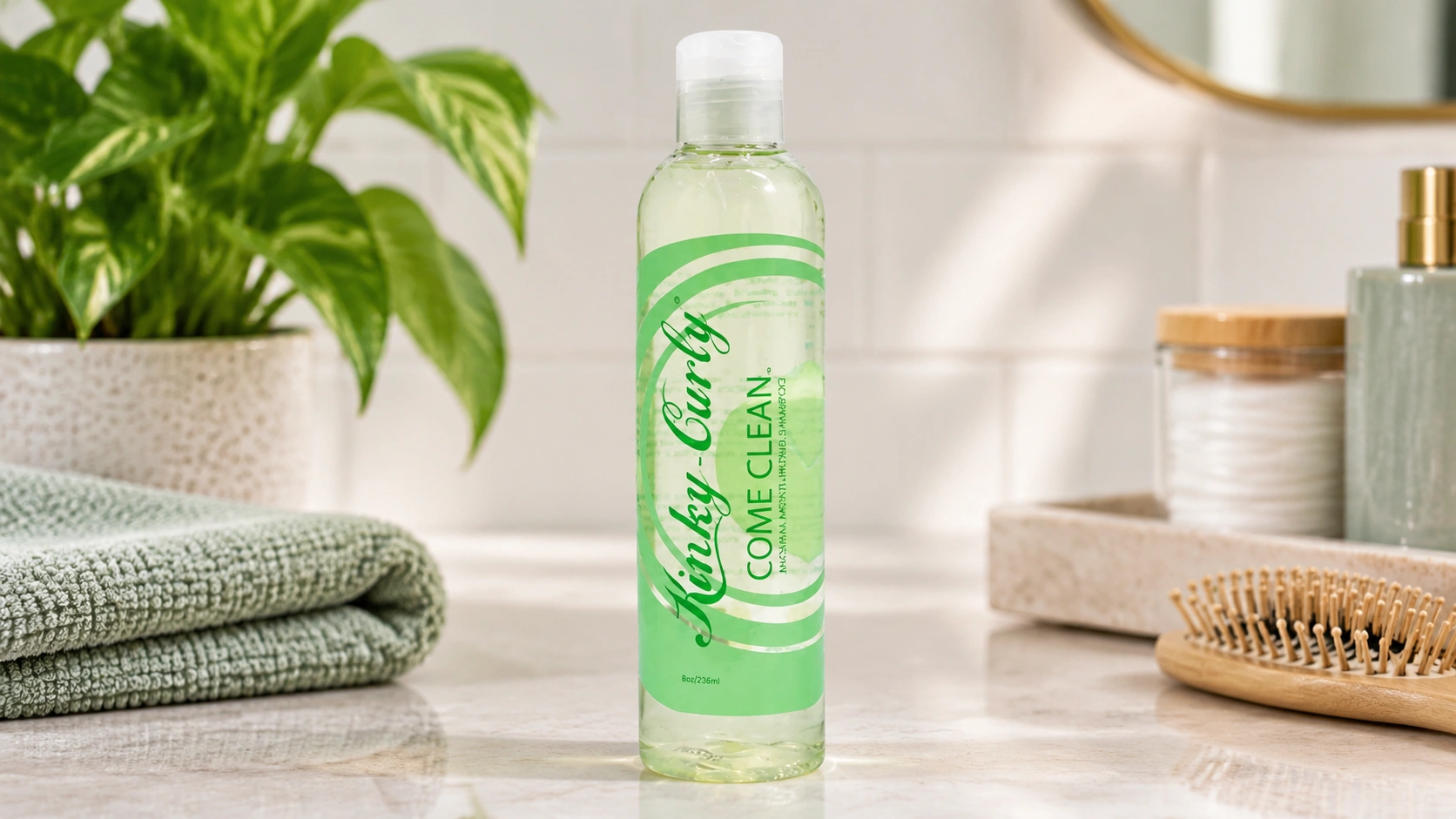 kinky curly come clean shampoo bottle on a bright bathroom vanity setup