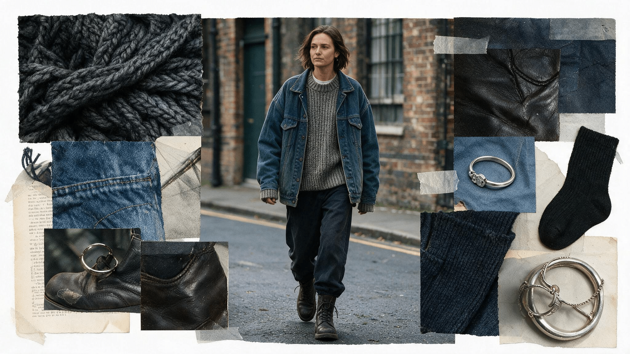 chunky knit under a faded denim jacket with dark trousers heavy boots and cold weather modern grunge collage details