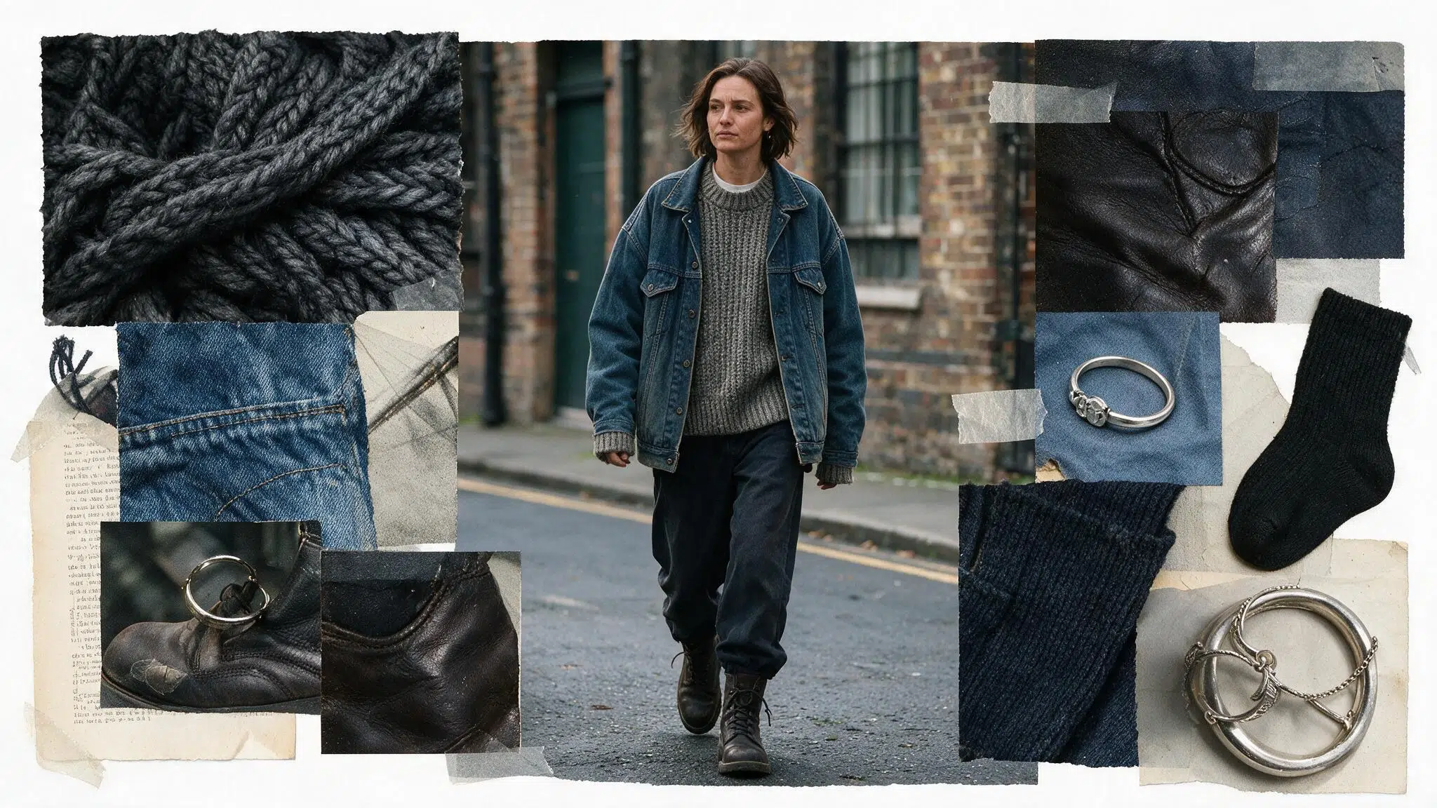 chunky knit under a faded denim jacket with dark trousers heavy boots and cold weather modern grunge collage details