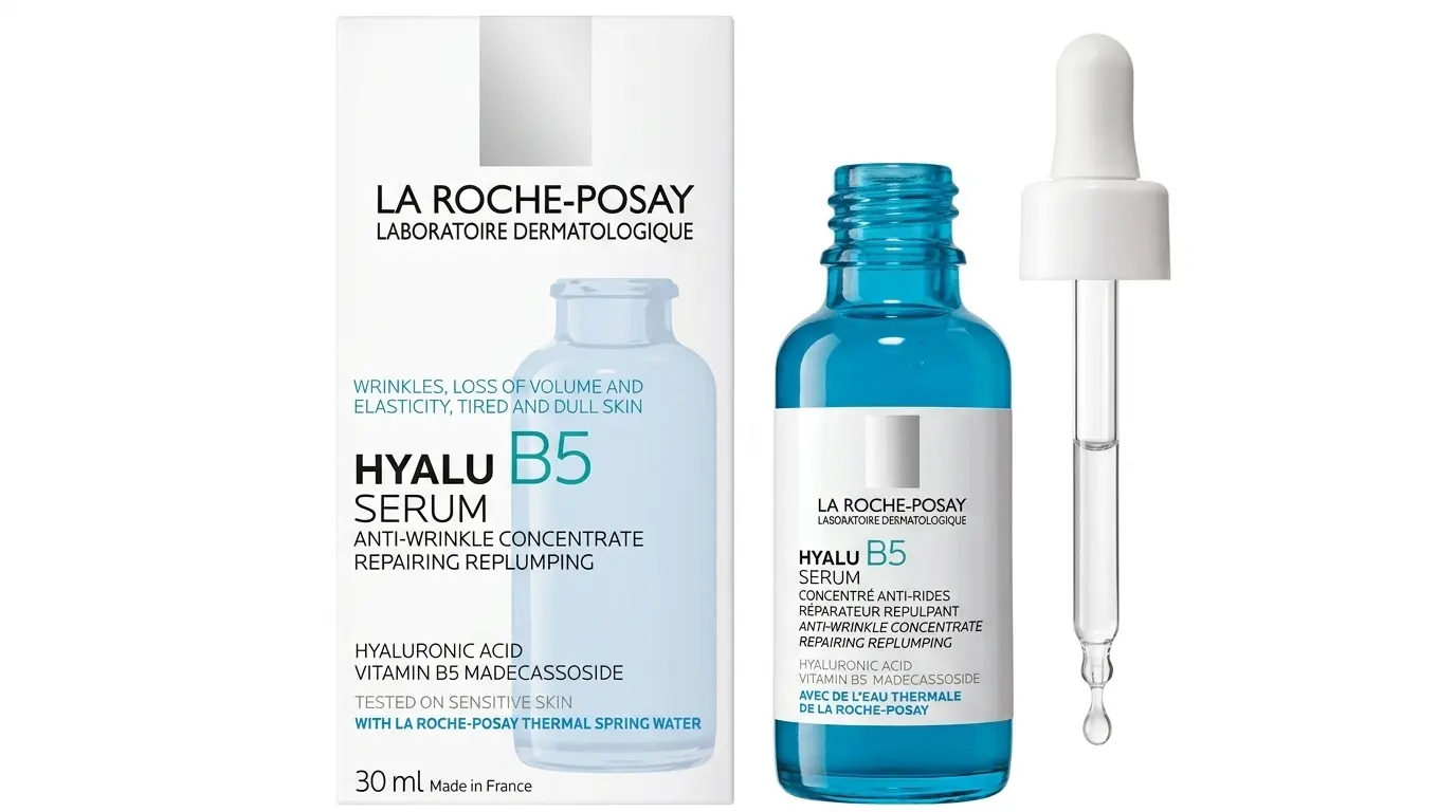 la roche-posay hyalu serum packaging beside a blue bottle and dropper, labeled with hyaluronic acid and vitamin b5