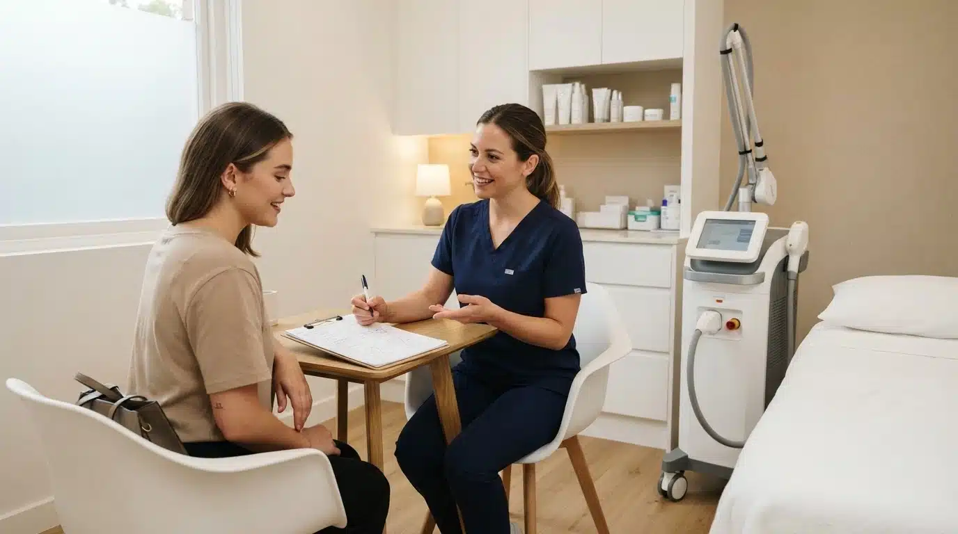 Patient discussing treatment plan with provider during a laser hair removal consultation in a clinic room