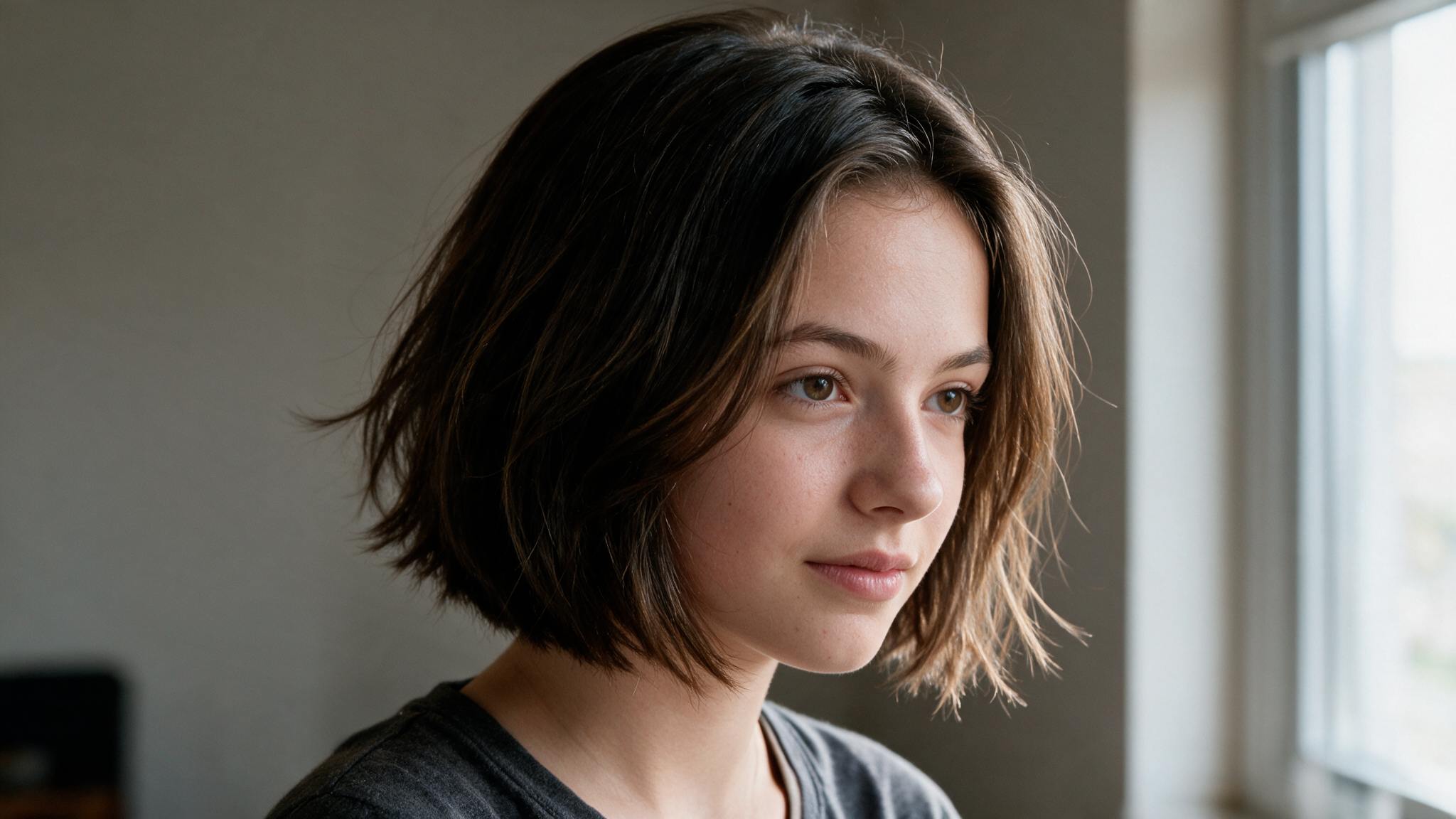 teen girl wearing layered bob haircut with soft volume and natural texture