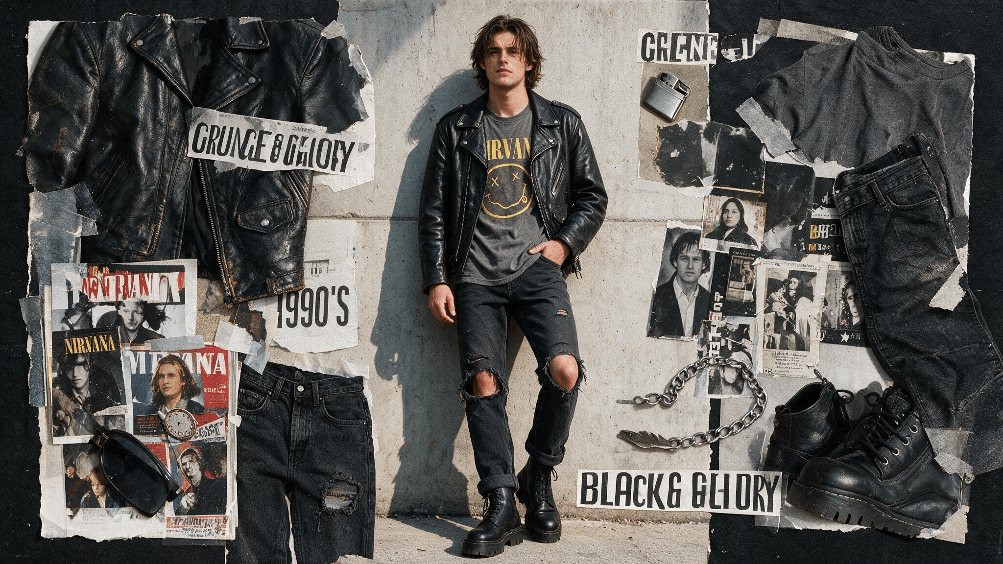 worn black leather jacket with washed grey tee black jeans heavy boots and dark secondhand grunge moodboard details