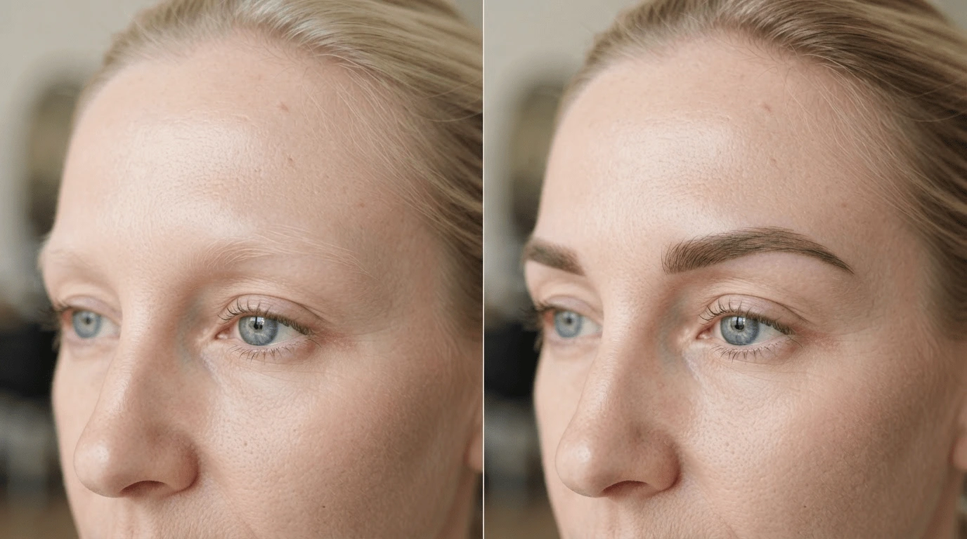 light blonde eyebrow tint before and after on white american woman with natural skin texture