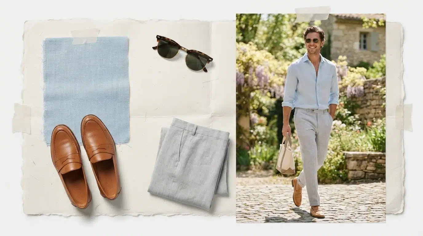 white male model in light grey pants and pastel shirt in a fresh spring fashion moodboard