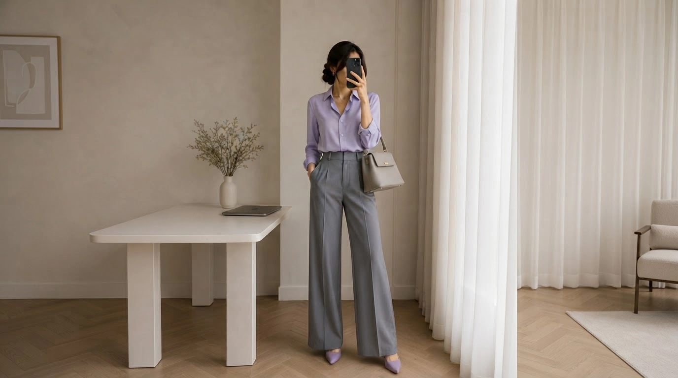 woman in light grey trousers with a pastel lilac blouse and pointed heels in a bright interior
