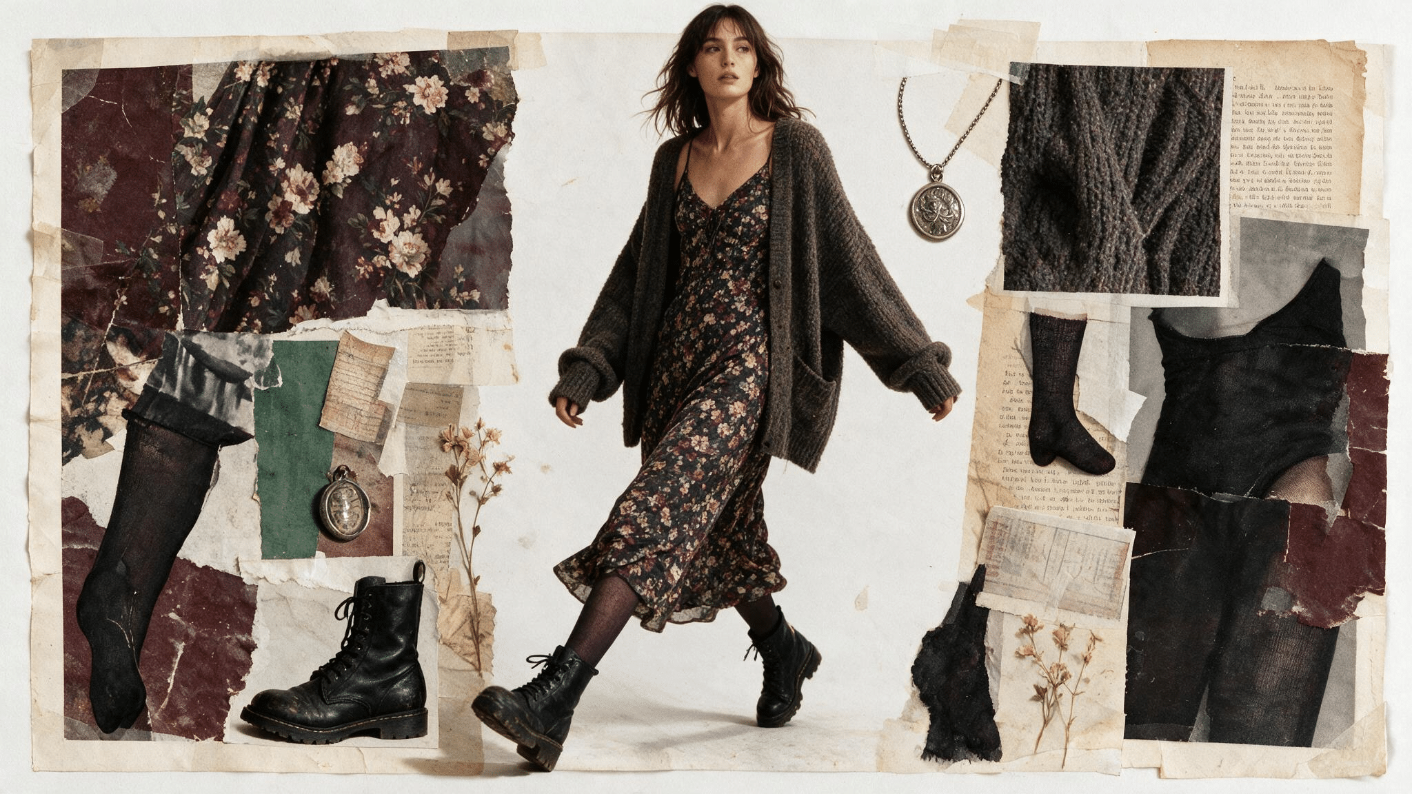 long muted floral dress with oversized cardigan combat boots dried flowers and soft dark grunge collage details