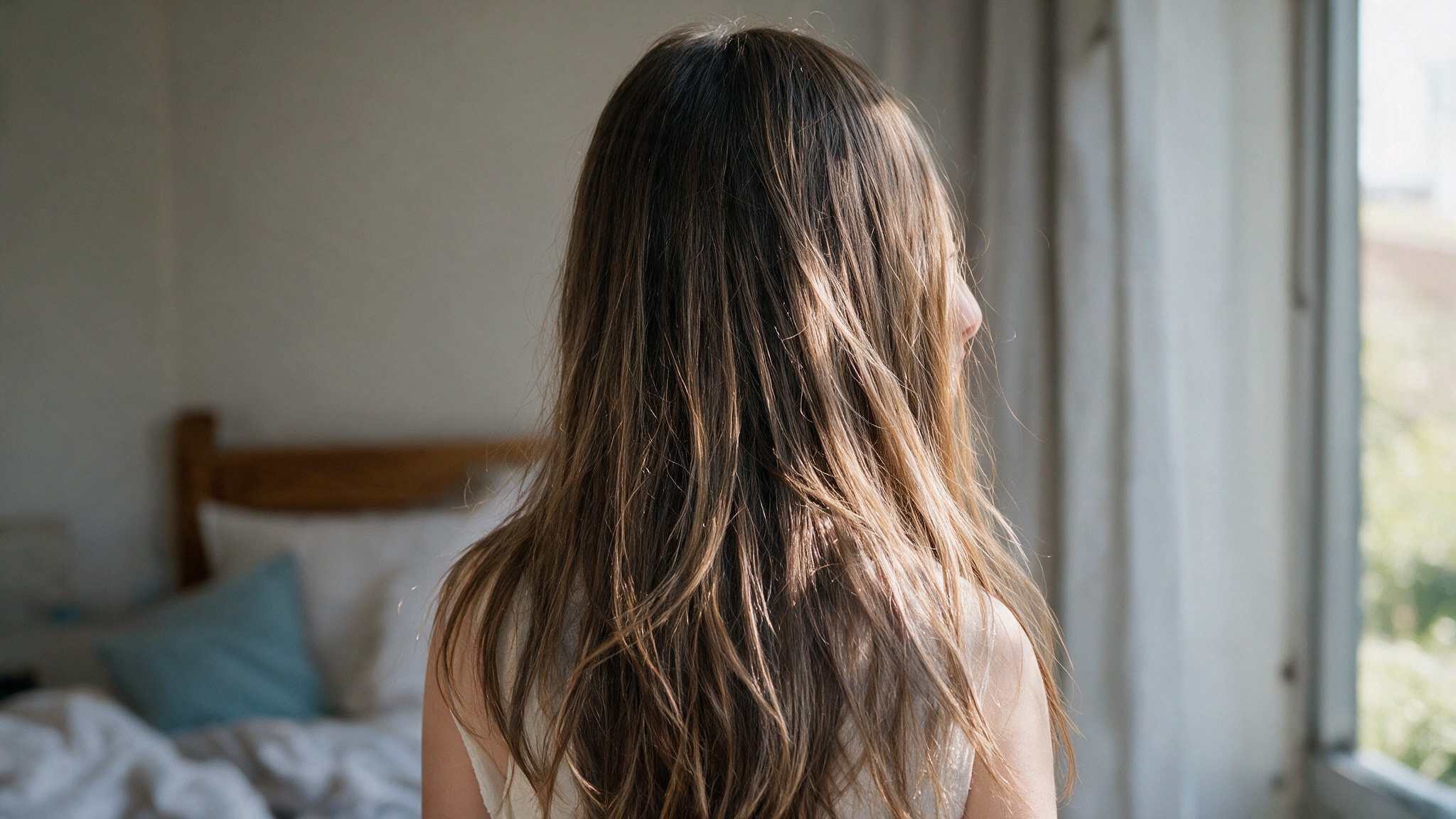 teen girl wearing long layers with natural movement and realistic hair texture
