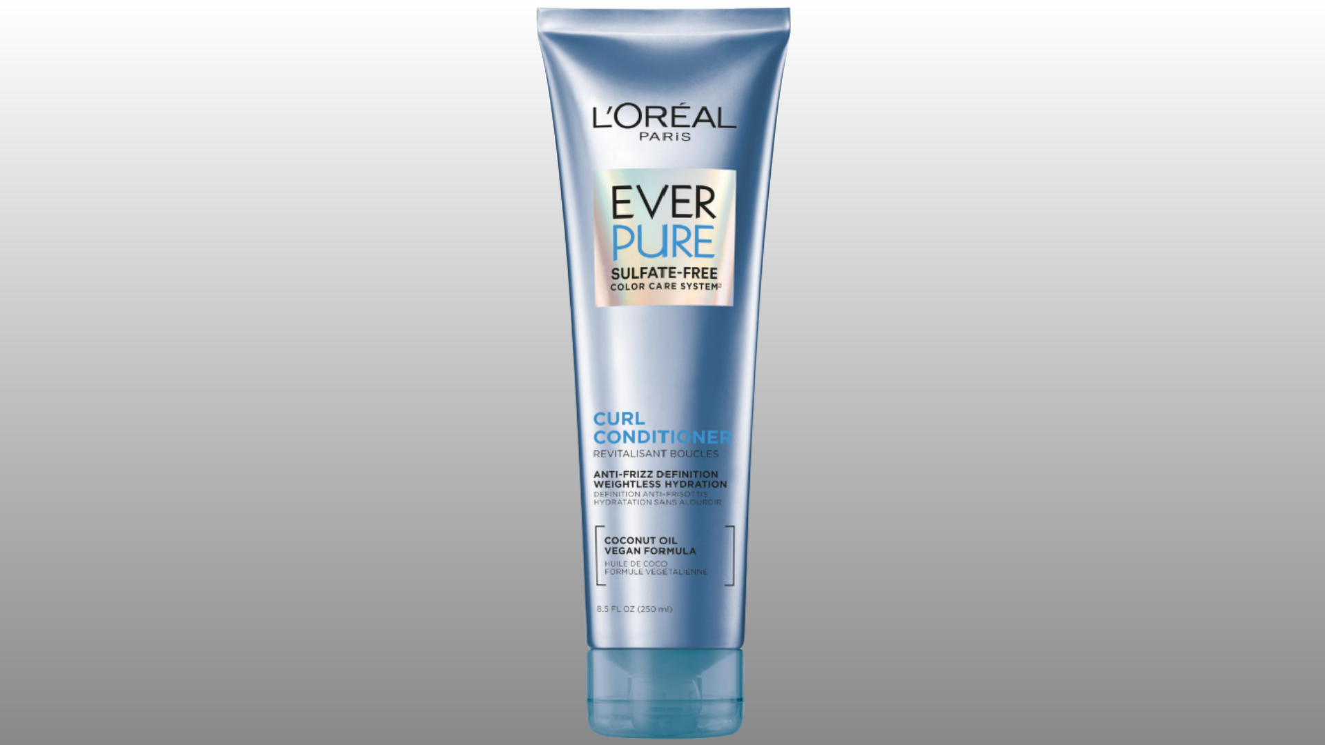 l’oréal paris everpure curl conditioner tube with blue packaging on gray background for hair care display