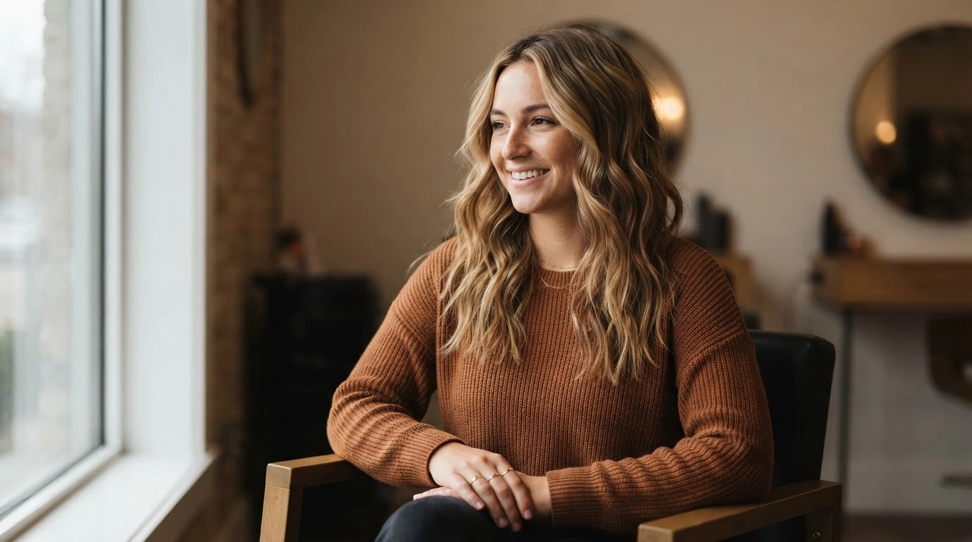american woman with maple blonde waves and dimensional autumn hair color