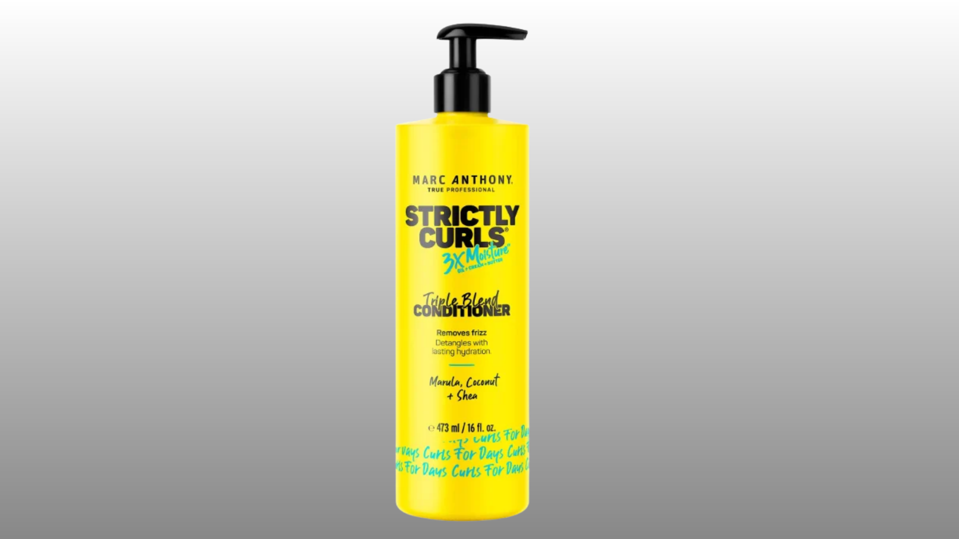 yellow marc anthony strictly curls conditioner bottle with pump dispenser on gray background for hair care product display