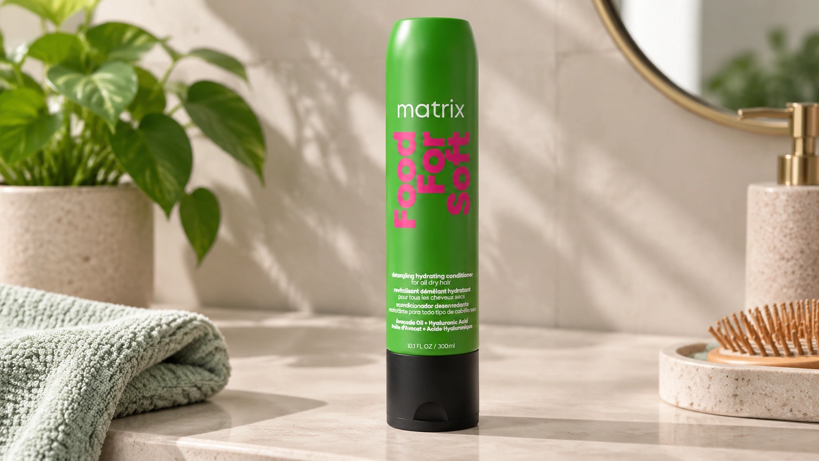 matrix food for soft hydrating conditioner bottle in a matte bathroom product photoshoot setting