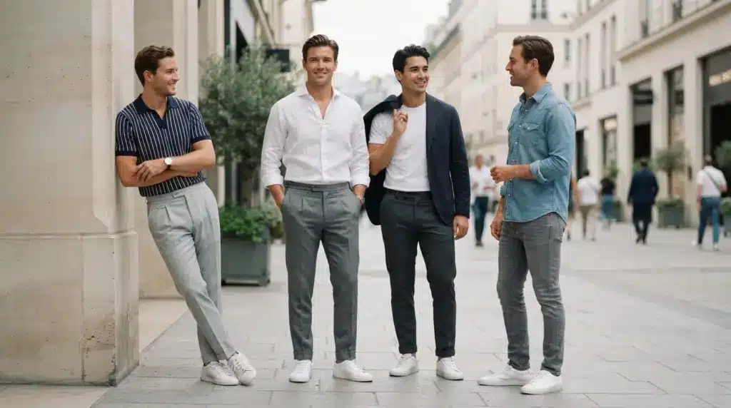 four men wearing different grey pants outfits with shirts jackets sneakers on a modern city street