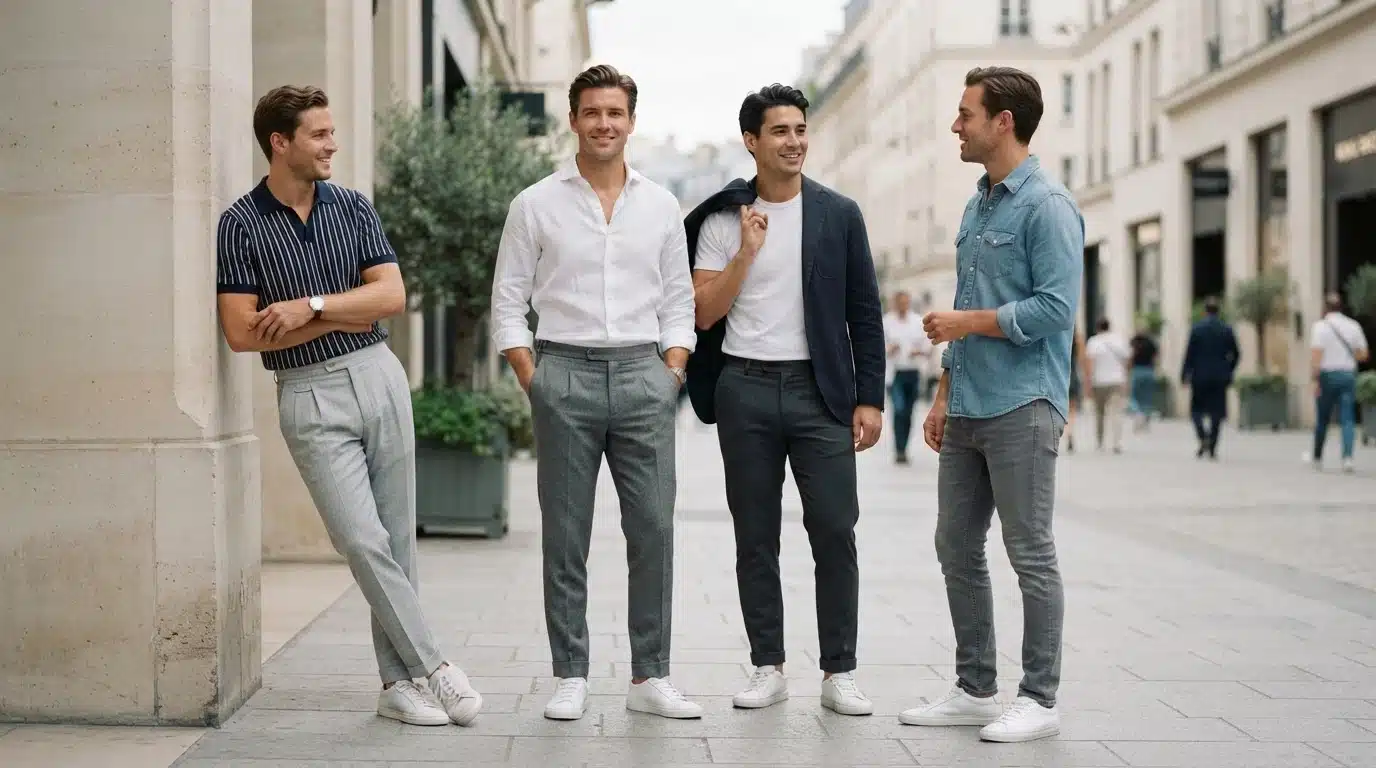 four men wearing different grey pants outfits with shirts jackets sneakers on a modern city street