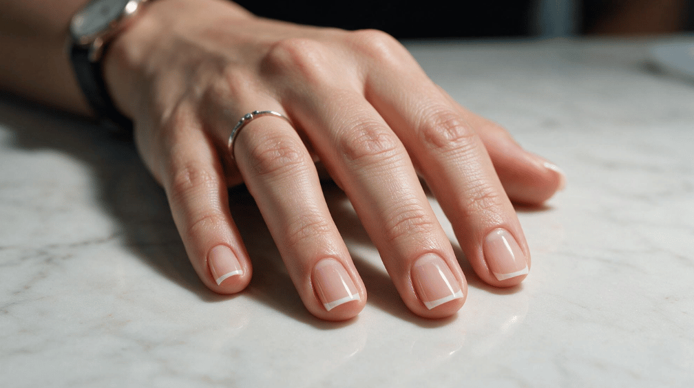 short square nude nails with ultra thin white french tips resting on a light marble surface
