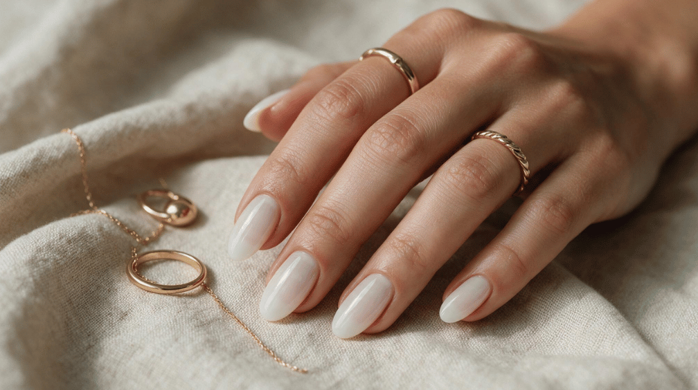 glossy milky white almond nails with a soft translucent finish resting on beige linen with gold jewelry
