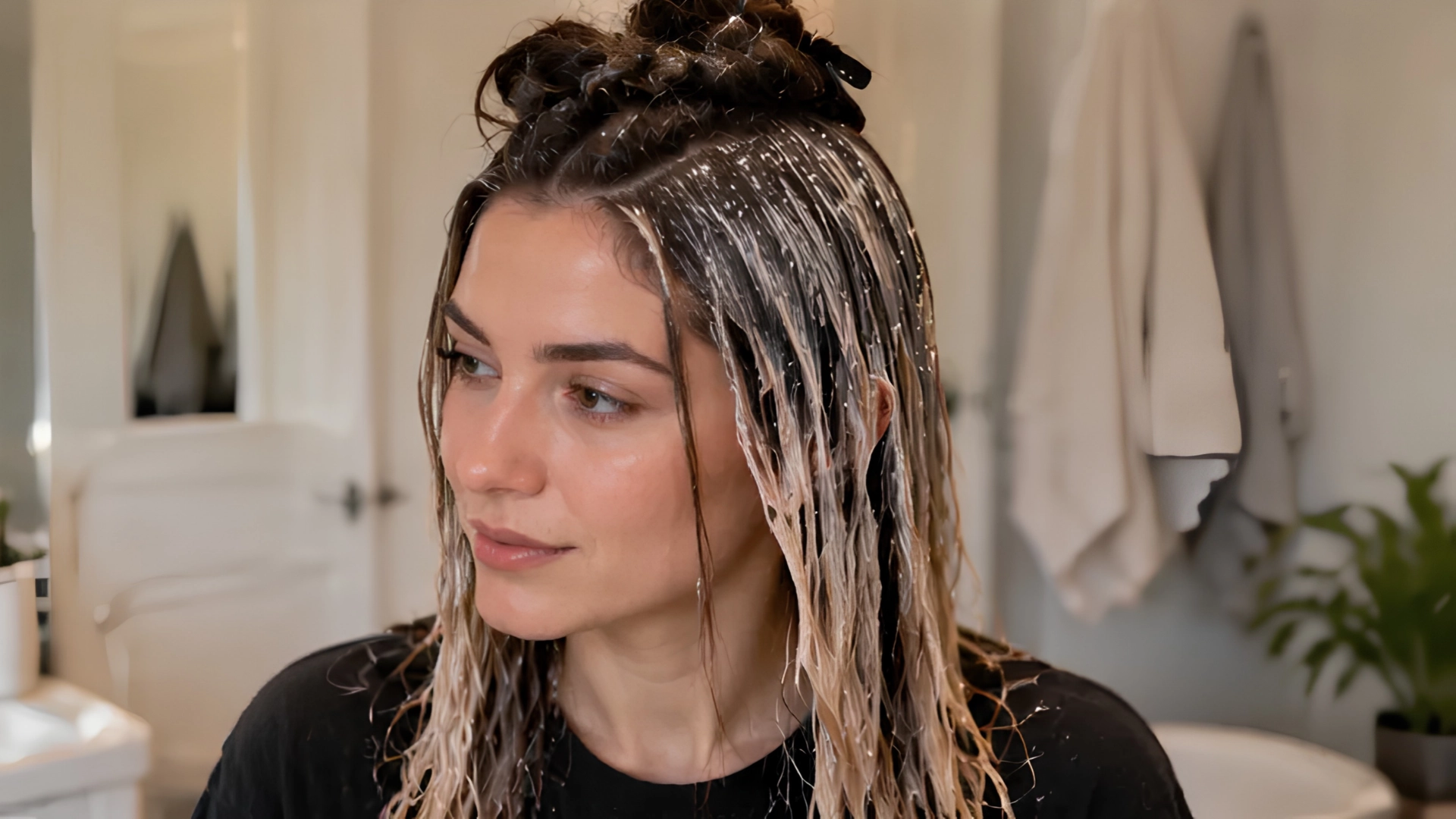woman with hair sections covered in developer cream during a home hair coloring process