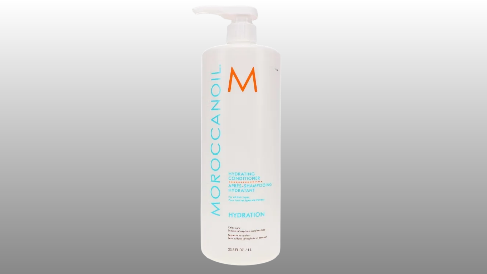 moroccanoil hydration conditioner bottle with pump dispenser on gray background for hair care product display
