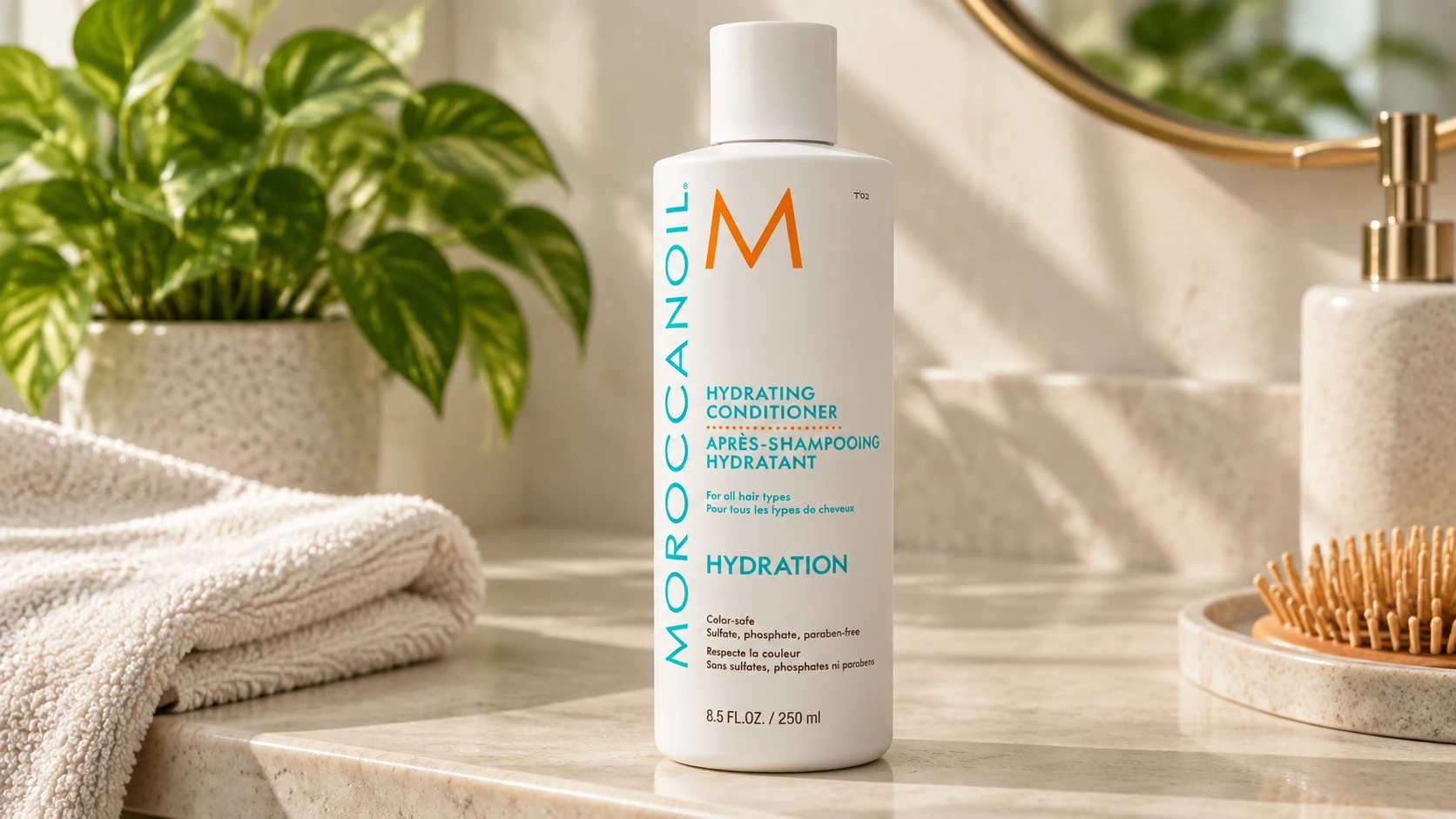 moroccanoil hydrating conditioner bottle in a matte bathroom product photoshoot with soft lighting